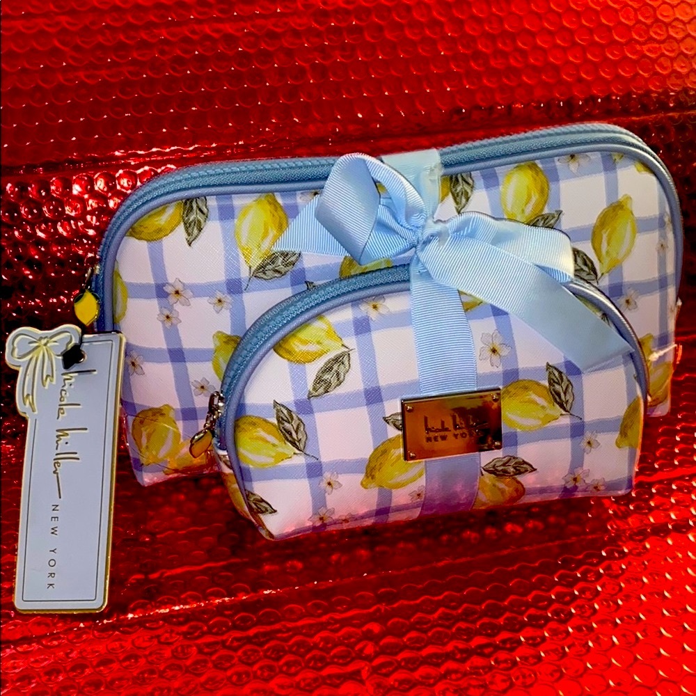 Nicole Miller Blue Gingham Lemon Print Cosmetic Bag Set